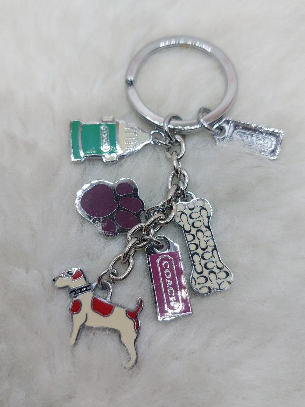 COACH Dog 5 Charm : Fire Hydrant Bone Paw Enamel Red White Silver Keychain Fob